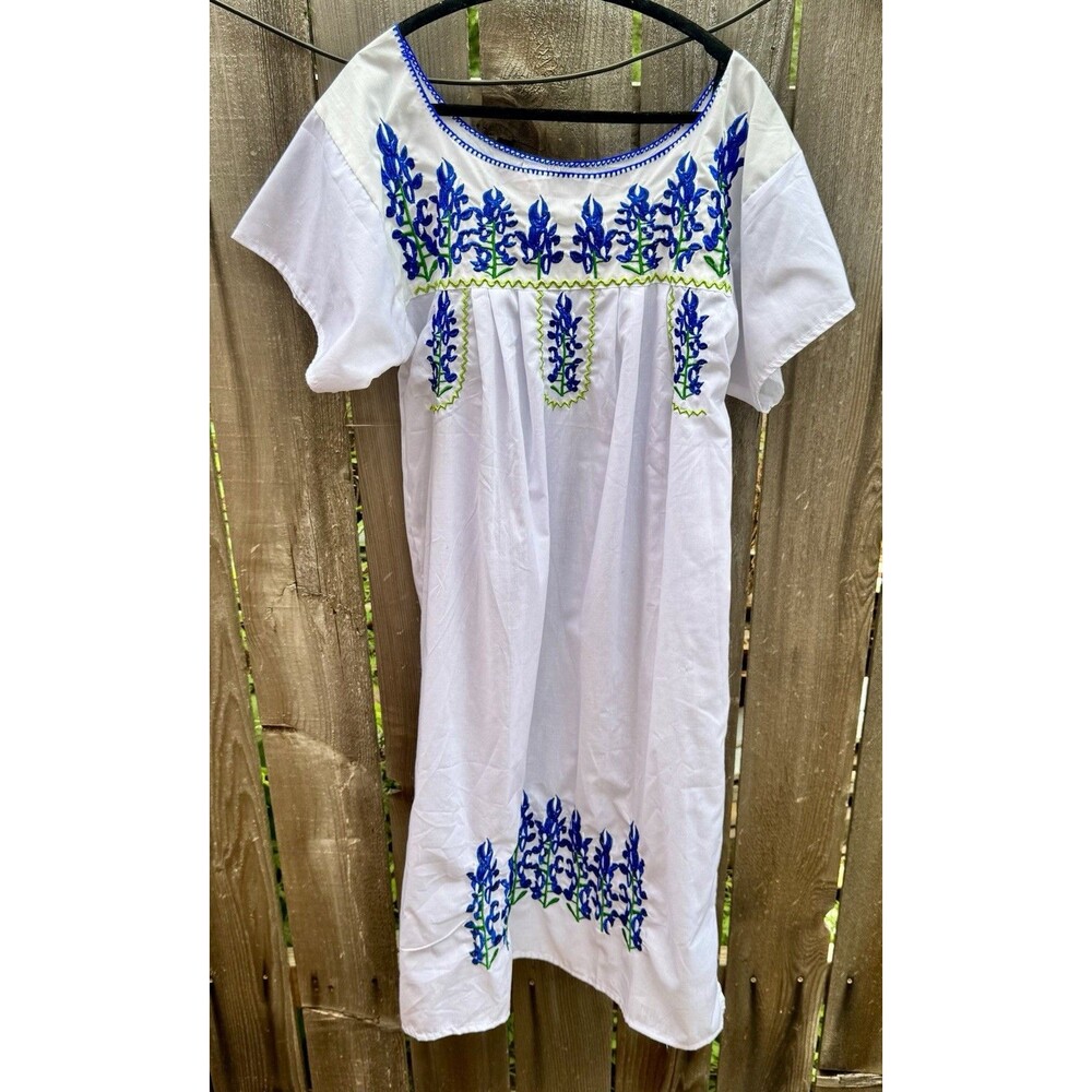 NEW Texas Bluebonnets Embroidered Cotton House Dress Mumu Size L Mexico Lounge